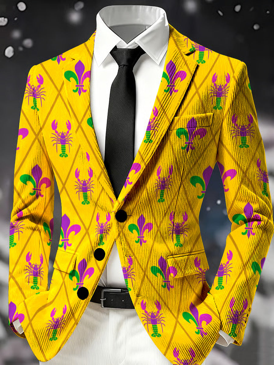 Men's Retro Mardi Gras Art Print Casual Corduroy Pocket Blazers